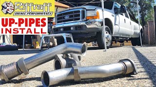 2001 F350 73  RiffRaff UpPipes Install  Stock up pipes leaking and falling apart JUNK SP [upl. by Yellac]